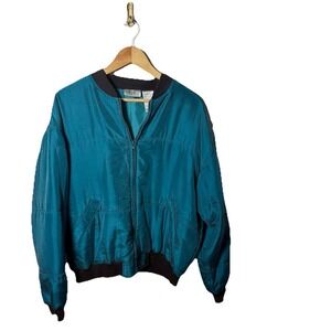 Kathie Lee Collection Teal Silk Bomber Jacket Women's M 80s 90s Satin Style